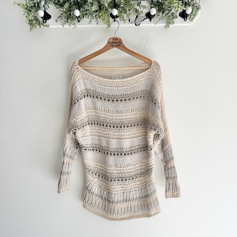 Boston Proper Striped Open Crochet Knit Boat Neck Sweater Brown/tan Gray Small